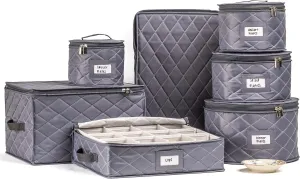 Teemto China Storage Containers Quilted. 7PC Dishes Storage Kit with 48 Cut-to-Size Felt Inners. Fine China, Plate Platter, Glass and Dish, Crystal Stemware, Moving Supplies