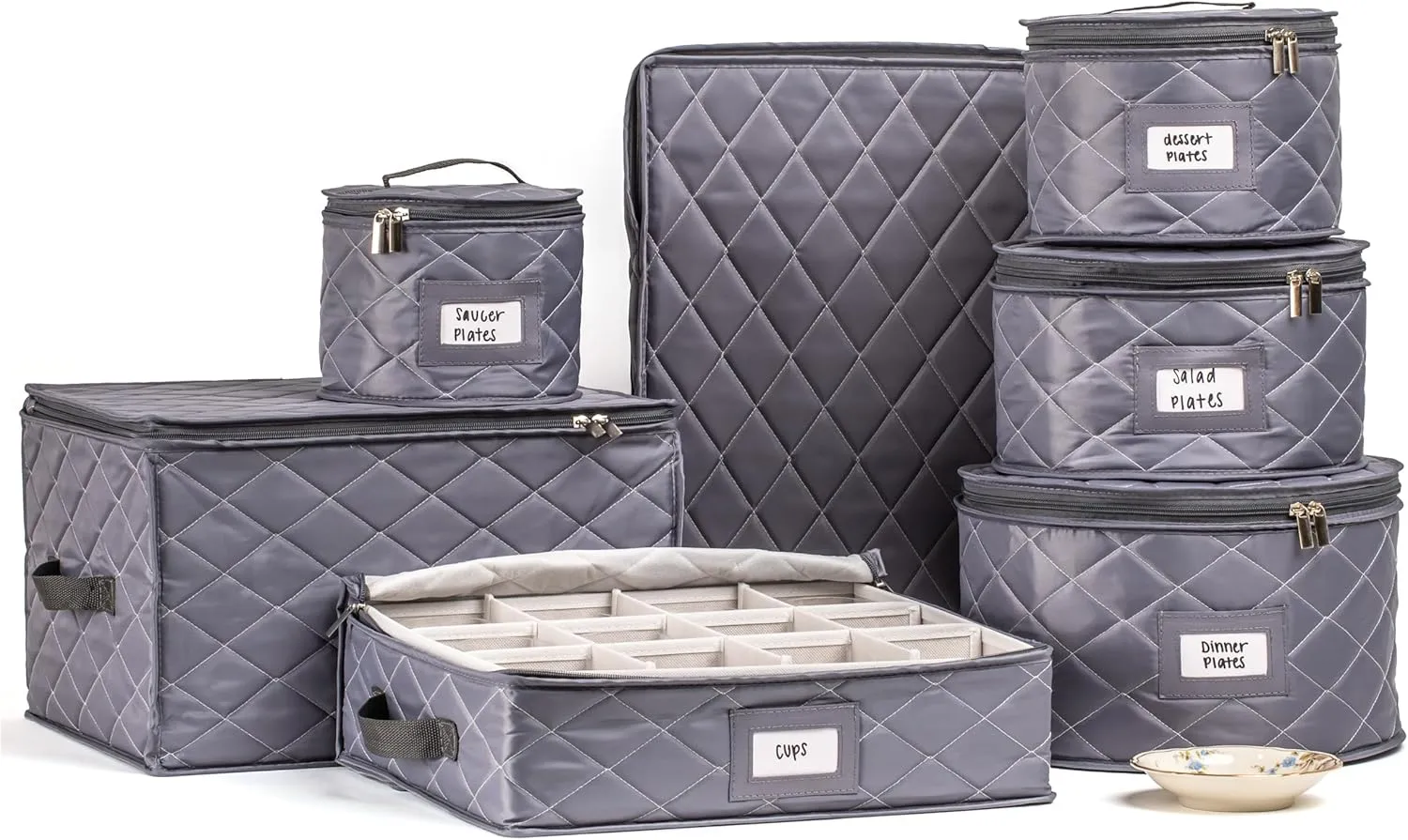 Teemto China Storage Containers Quilted. 7PC Dishes Storage Kit with 48 Cut-to-Size Felt Inners. Fine China, Plate Platter, Glass and Dish, Crystal Stemware, Moving Supplies