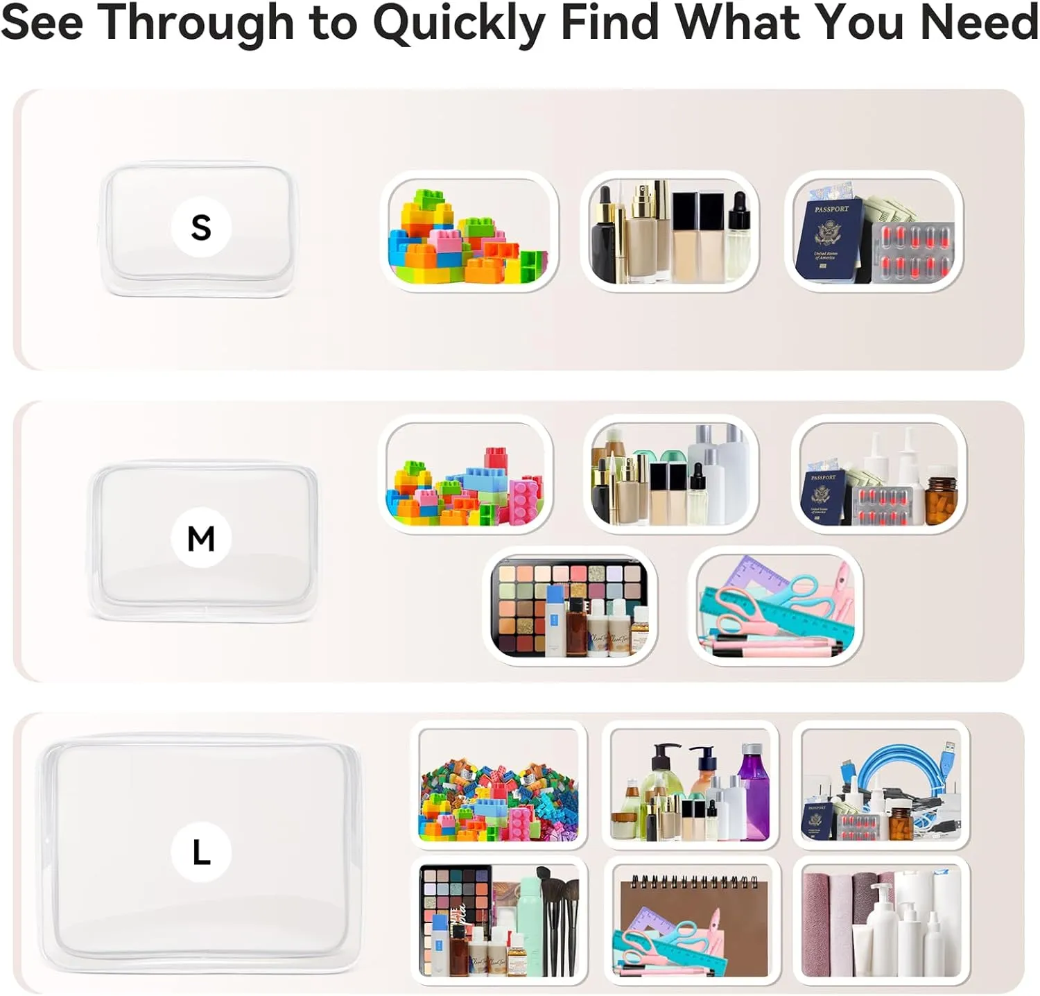 TISRATOK 16 PCS Clear Makeup Bag, Travel Essentials Toiletry Bag, Transparent PVC Cosmetic Organizer Toy-Lego Barbie Storage Pouch for Women Men - WHITE,Small