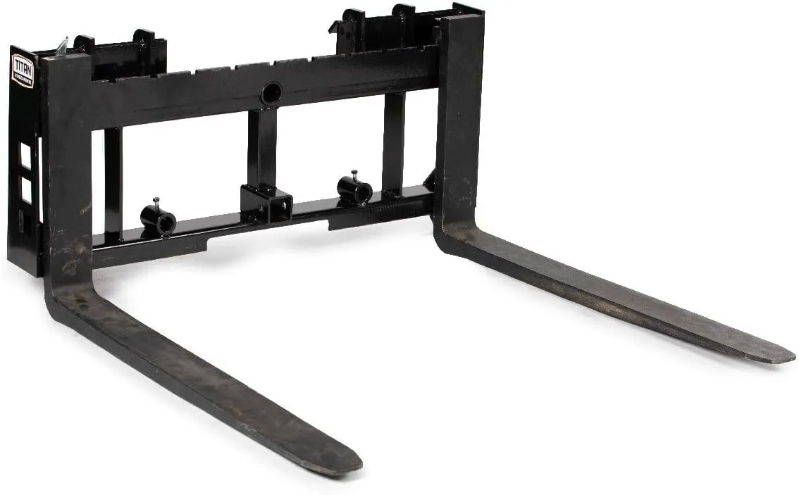 Titan Attachments Economy Series Pallet Fork Frame, 36" Fork Blades, Skid Steer Quick Tach Connection, Rated 4000 LB, Conus 2 Hay Spear Sleeves and 2" Receiver Hitch Included