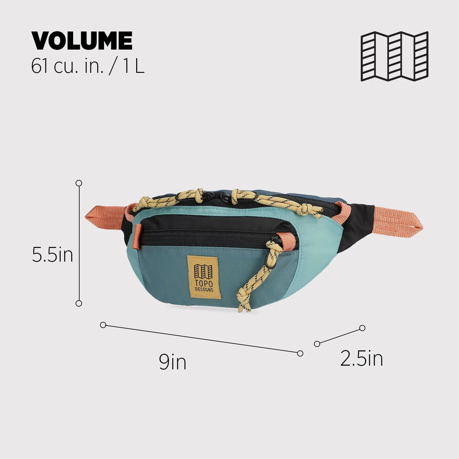 Topo Designs Mountain Waist Pack, Hip Bag, 100% Recycled Nylon Construction, 2L capacity, YKK Zips