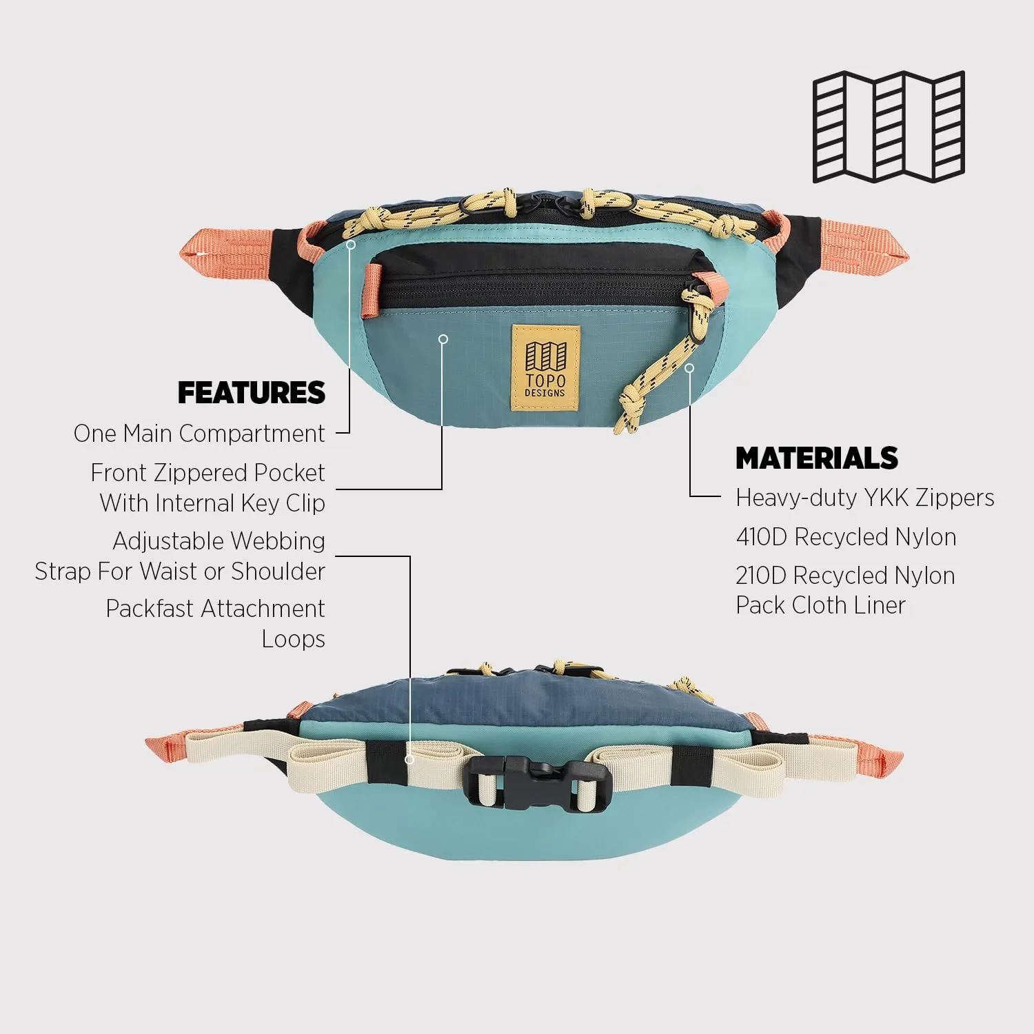 Topo Designs Mountain Waist Pack, Hip Bag, 100% Recycled Nylon Construction, 2L capacity, YKK Zips