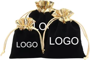 TopTie Custom 50 PCS Velvet Gift Pouches with Logo, Gold-Trimmed Jewelry Bag with Drawstrings for Party Favors, 2.8 x 3.5 Inches