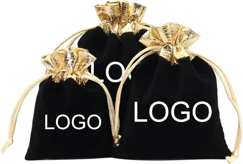 TopTie Custom 50 PCS Velvet Gift Pouches with Logo, Gold-Trimmed Jewelry Bag with Drawstrings for Party Favors, 2.8 x 3.5 Inches