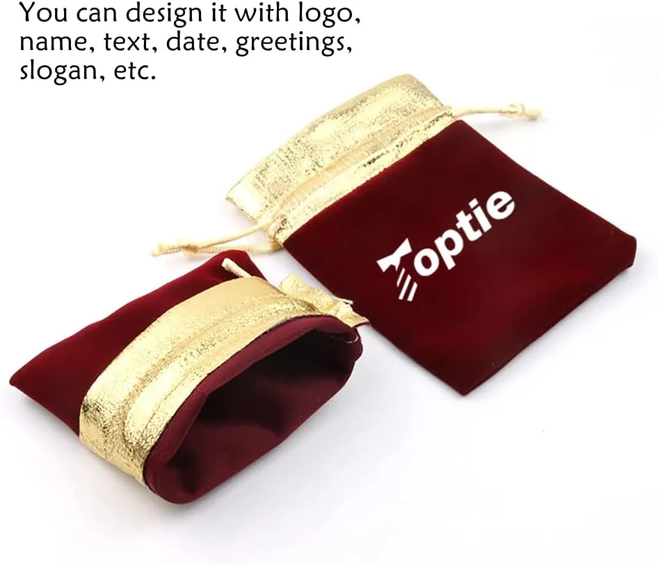 TopTie Custom 50 PCS Velvet Gift Pouches with Logo, Gold-Trimmed Jewelry Bag with Drawstrings for Party Favors, 2.8 x 3.5 Inches