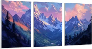 Towering Mountains With Sharp Snowy Peaks, Lush Valleys Below & Soft Pink Twilight Hues In The Sky Canvas Art Prints With Frame for Living Room & Bedroom Decor 8" x 12" x 3pcs
