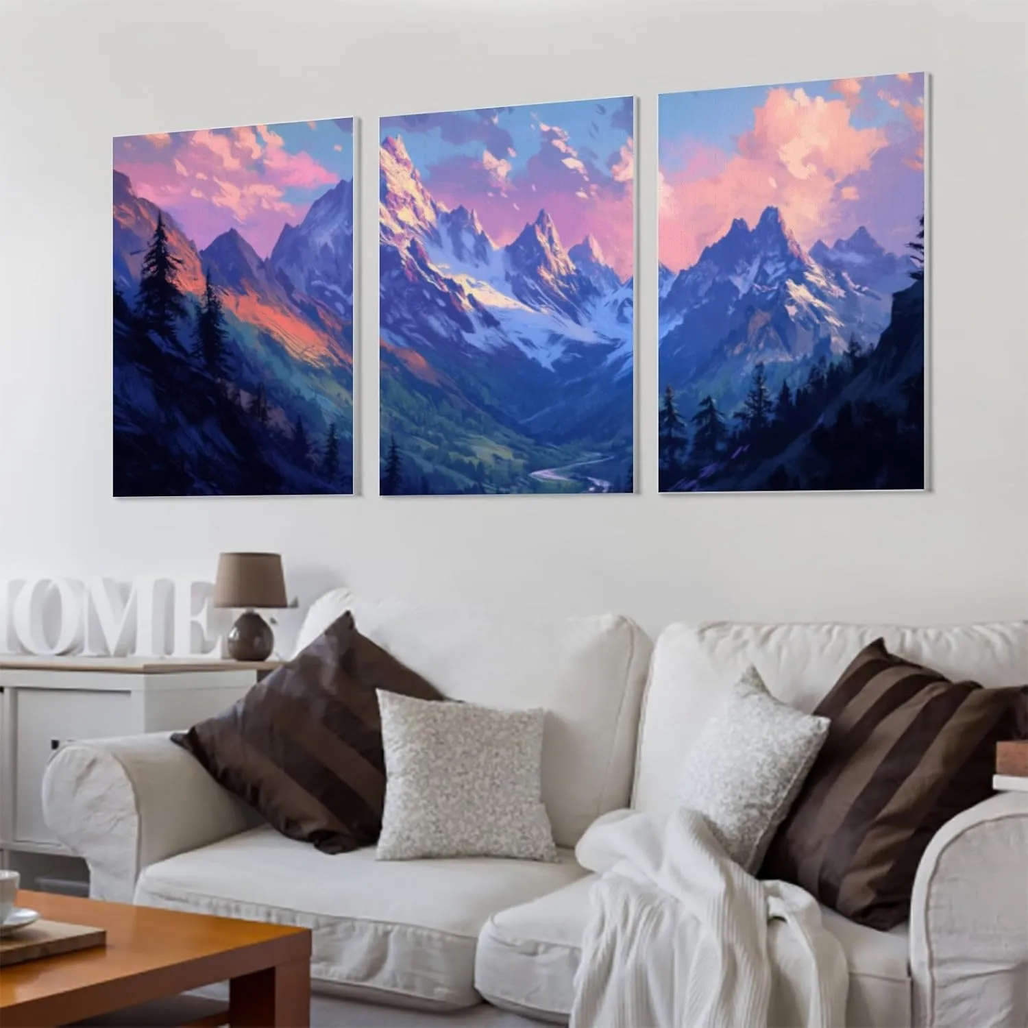 Towering Mountains With Sharp Snowy Peaks, Lush Valleys Below & Soft Pink Twilight Hues In The Sky Canvas Art Prints With Frame for Living Room & Bedroom Decor 8" x 12" x 3pcs