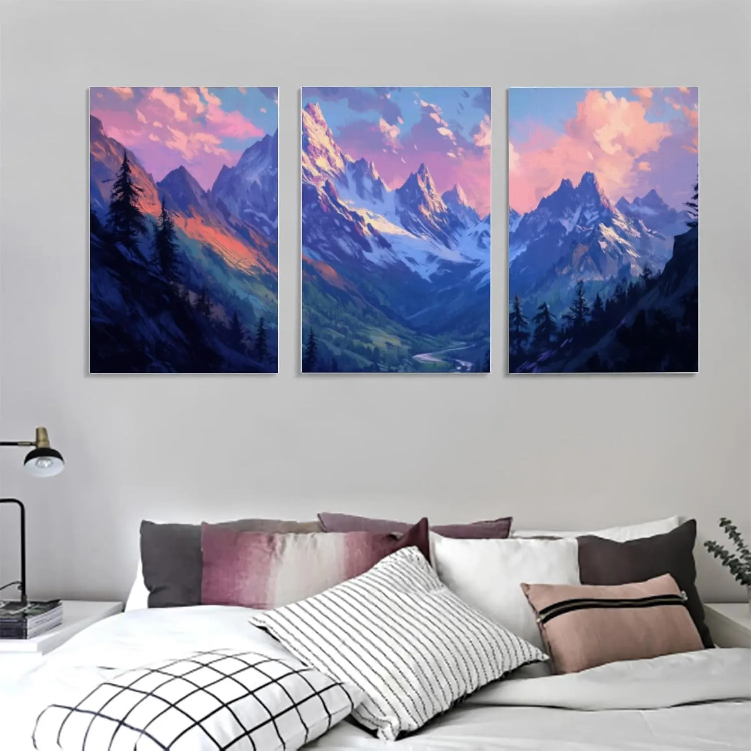 Towering Mountains With Sharp Snowy Peaks, Lush Valleys Below & Soft Pink Twilight Hues In The Sky Canvas Art Prints With Frame for Living Room & Bedroom Decor 8" x 12" x 3pcs