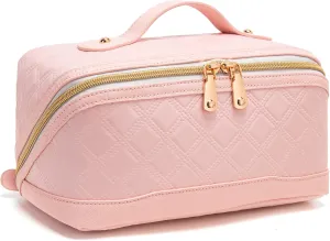 Travel Makeup Bag Large Capacity Cosmetic Bag for Women PU Leather Checkered Open Flat Toiletry Bag Make Up Organizer Bags with Handle and Divider (Pink)