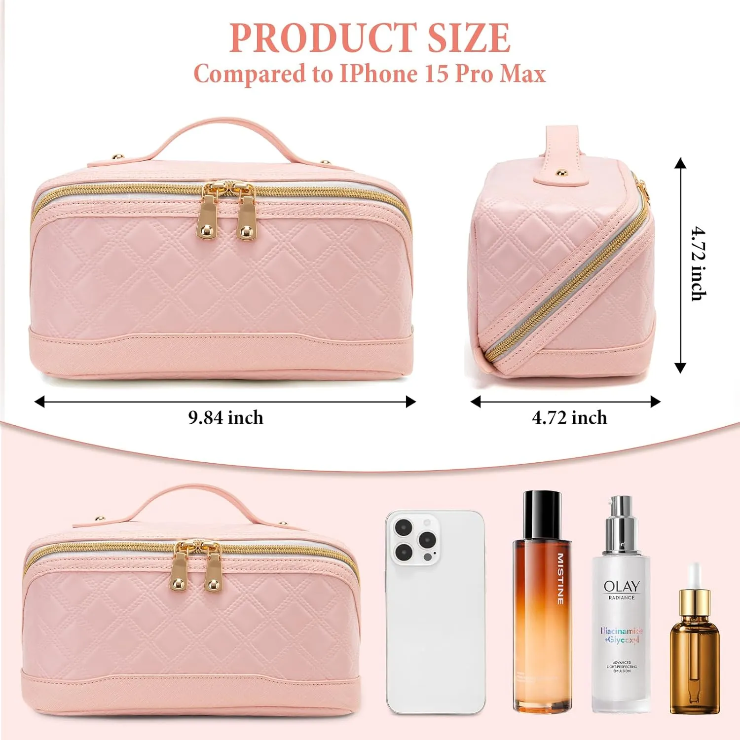 Travel Makeup Bag Large Capacity Cosmetic Bag for Women PU Leather Checkered Open Flat Toiletry Bag Make Up Organizer Bags with Handle and Divider (Pink)