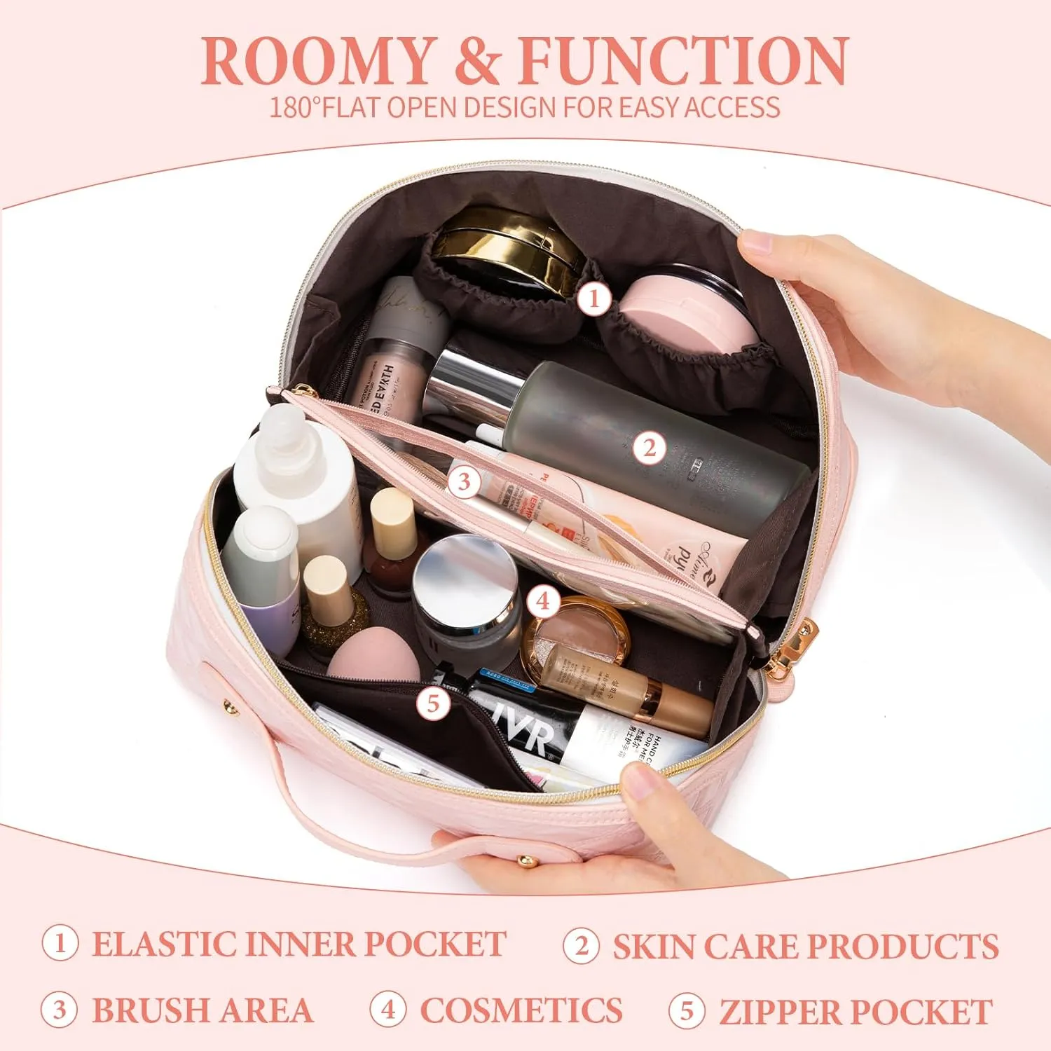 Travel Makeup Bag Large Capacity Cosmetic Bag for Women PU Leather Checkered Open Flat Toiletry Bag Make Up Organizer Bags with Handle and Divider (Pink)