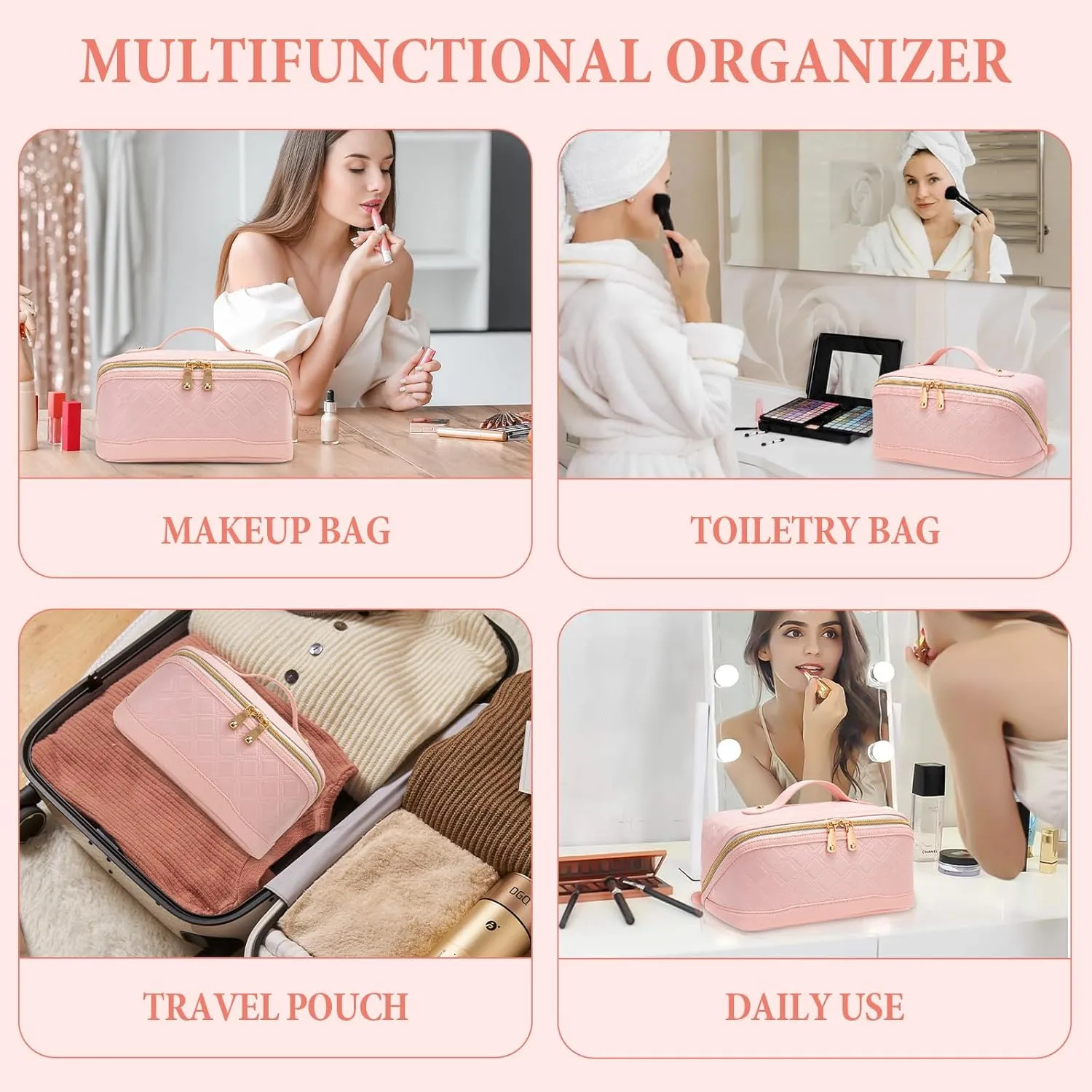 Travel Makeup Bag Large Capacity Cosmetic Bag for Women PU Leather Checkered Open Flat Toiletry Bag Make Up Organizer Bags with Handle and Divider (Pink)