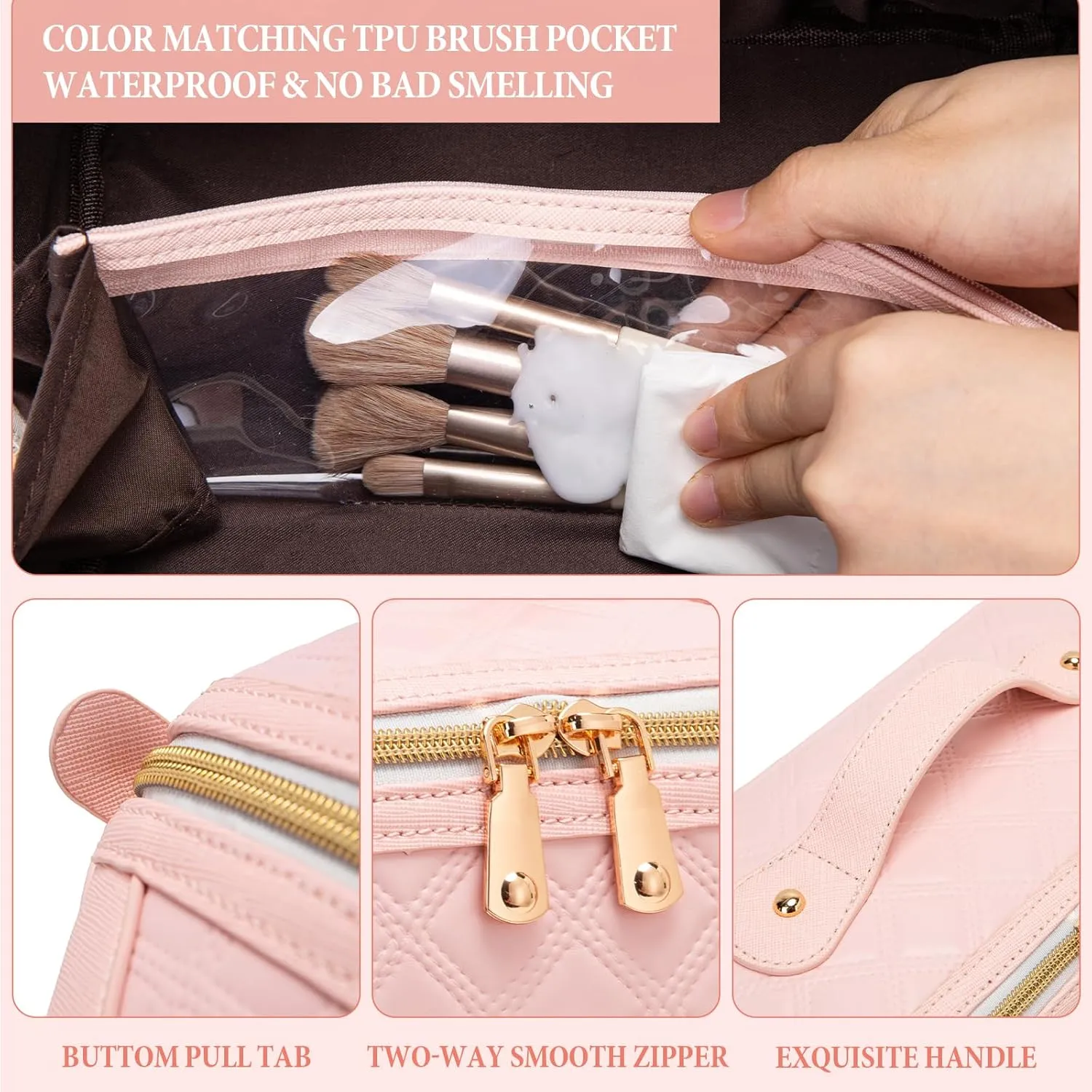 Travel Makeup Bag Large Capacity Cosmetic Bag for Women PU Leather Checkered Open Flat Toiletry Bag Make Up Organizer Bags with Handle and Divider (Pink)