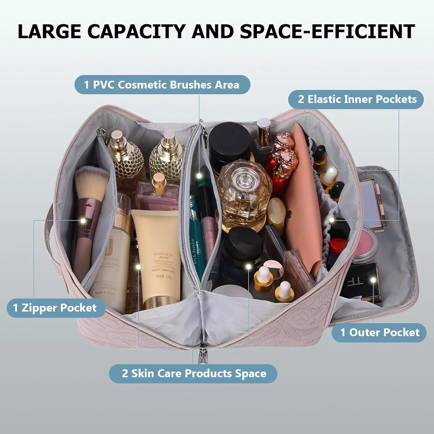 Travel Makeup Bag, Large Capacity Cosmetic Bags for Women, Waterproof Lining and PU Leather Portable Pouch, Open Flat Toiletry Bag, Make up Organizer with Divider & Handle (Pink)