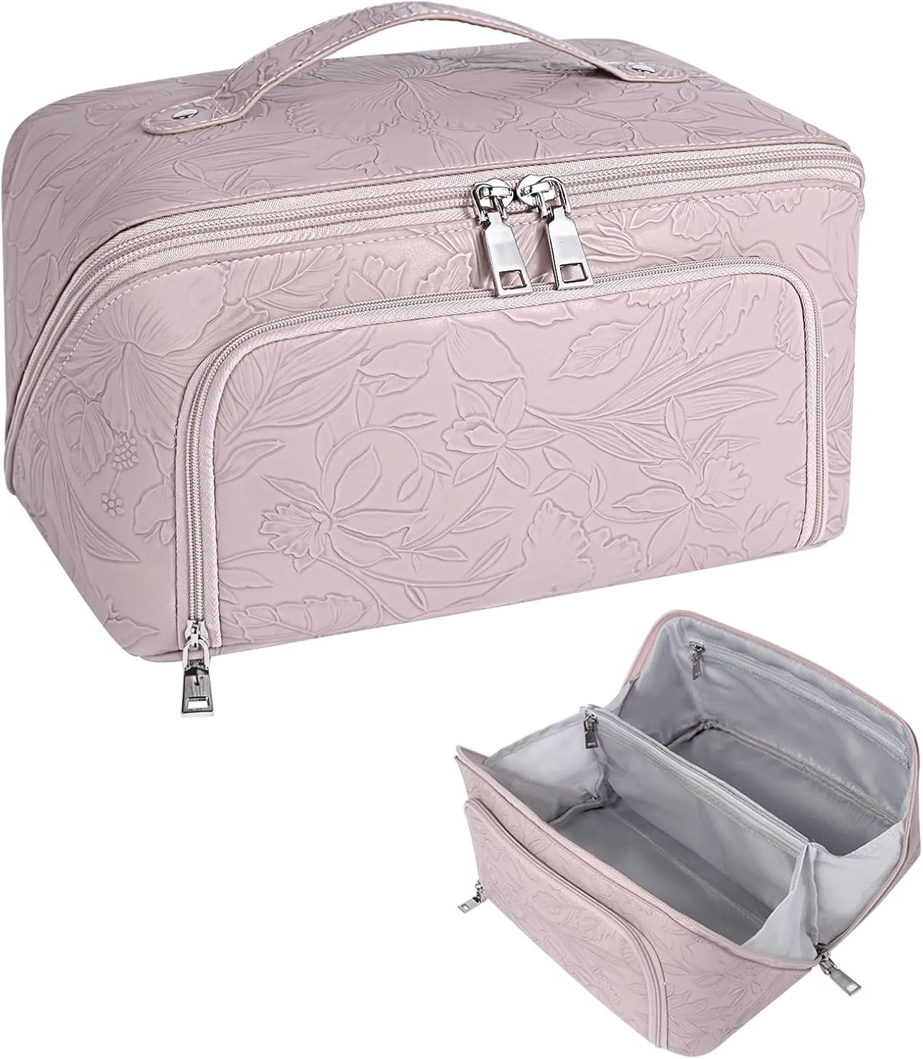 Travel Makeup Bag, Large Capacity Cosmetic Bags for Women, Waterproof Lining and PU Leather Portable Pouch, Open Flat Toiletry Bag, Make up Organizer with Divider & Handle (Pink)