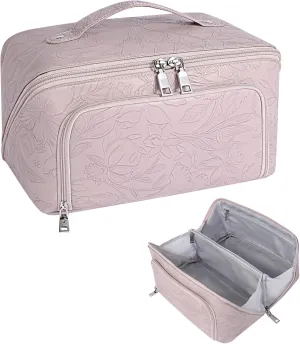 Travel Makeup Bag, Large Capacity Cosmetic Bags for Women, Waterproof Lining and PU Leather Portable Pouch, Open Flat Toiletry Bag, Make up Organizer with Divider & Handle (Pink)