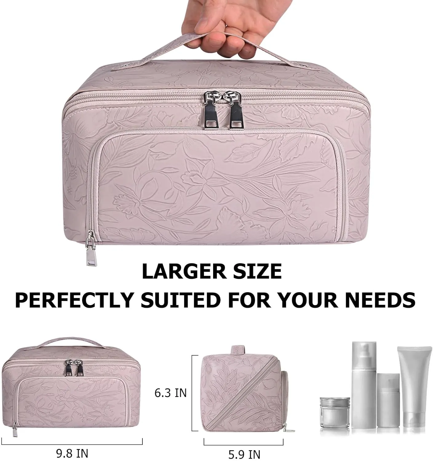 Travel Makeup Bag, Large Capacity Cosmetic Bags for Women, Waterproof Lining and PU Leather Portable Pouch, Open Flat Toiletry Bag, Make up Organizer with Divider & Handle (Pink)