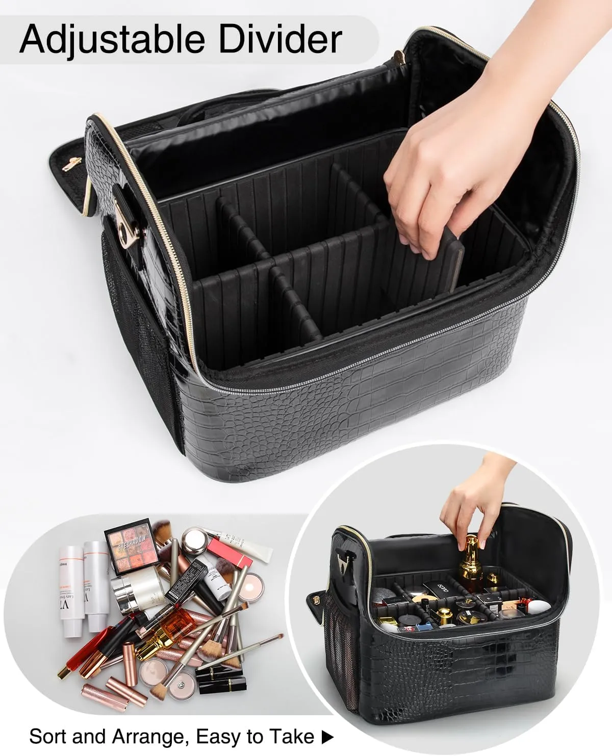 Travel Makeup Bag, Tattoo Case with 4 Inner Removable Pouches, Professional Makeup Artist Bag Travel Organizer Box with Adjustable Dividers (Medium, Black)