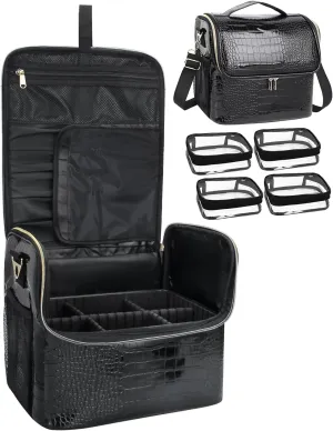 Travel Makeup Bag, Tattoo Case with 4 Inner Removable Pouches, Professional Makeup Artist Bag Travel Organizer Box with Adjustable Dividers (Medium, Black)