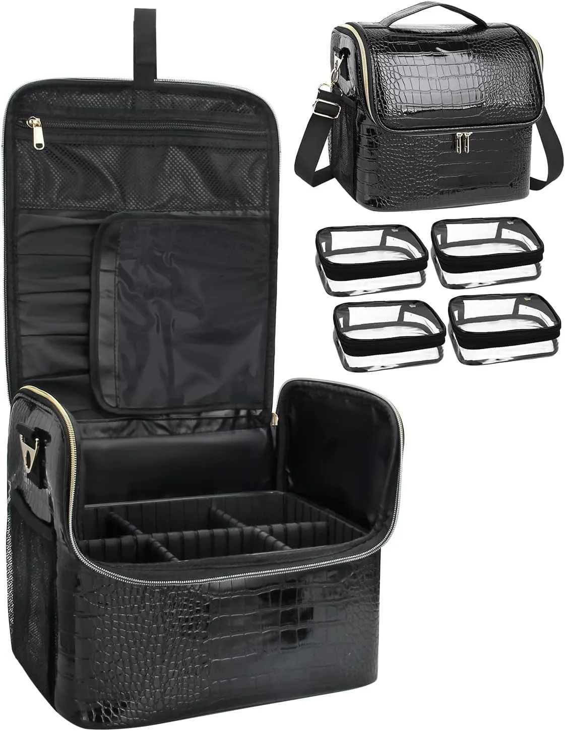 Travel Makeup Bag, Tattoo Case with 4 Inner Removable Pouches, Professional Makeup Artist Bag Travel Organizer Box with Adjustable Dividers (Medium, Black)