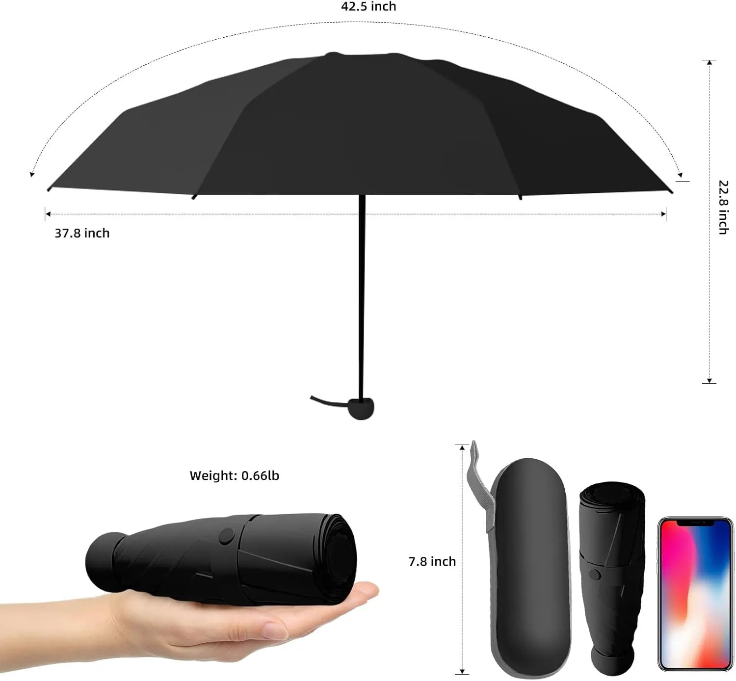 Travel Mini Folding Compact Umbrella with Case, 8 Ribs Lightweight Portable, Small Sun & Rain Pocket Umbrella for Girls and Women