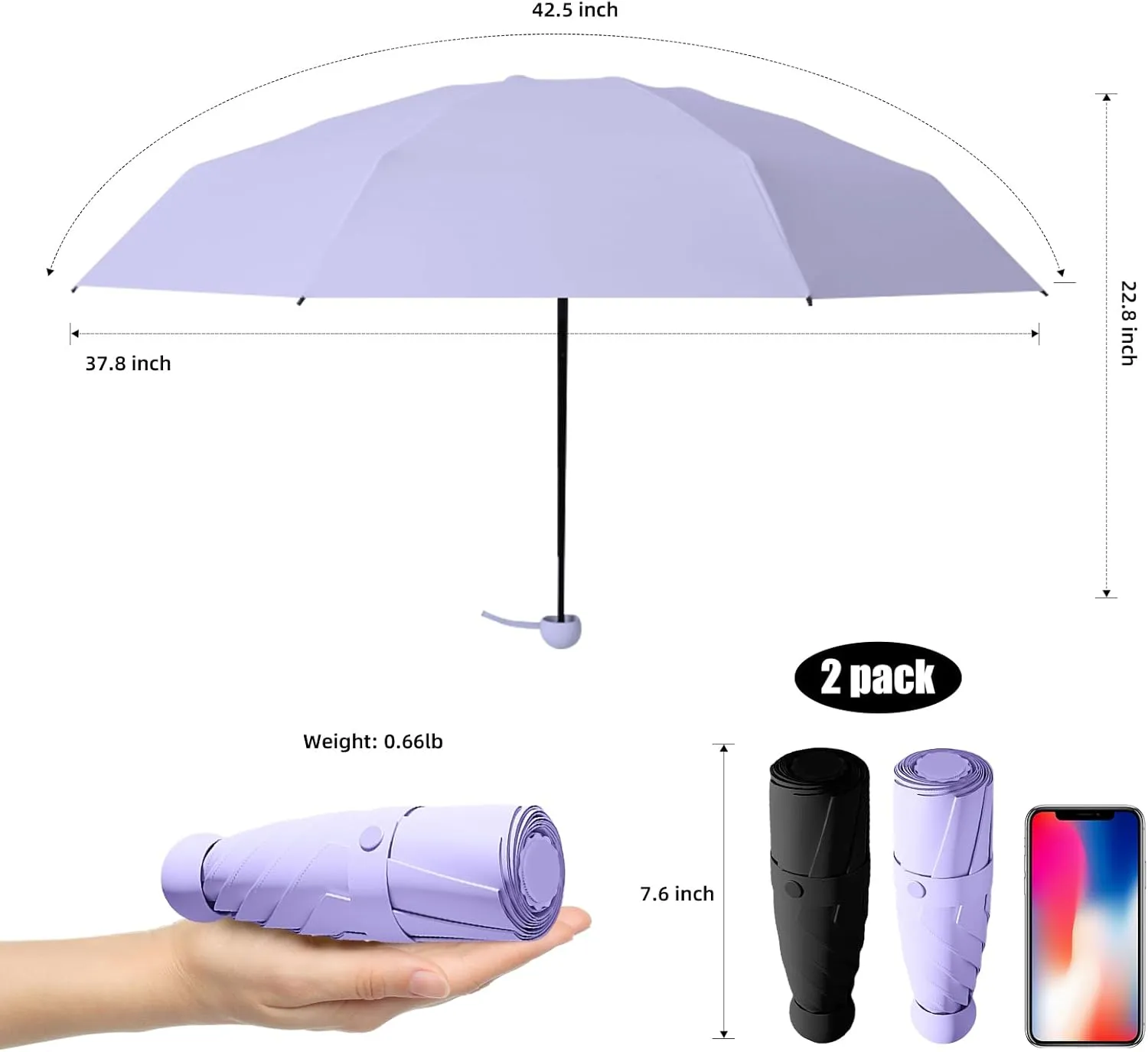 Travel Mini Folding Compact Umbrella with Case, 8 Ribs Lightweight Portable, Small Sun & Rain Pocket Umbrella for Girls and Women