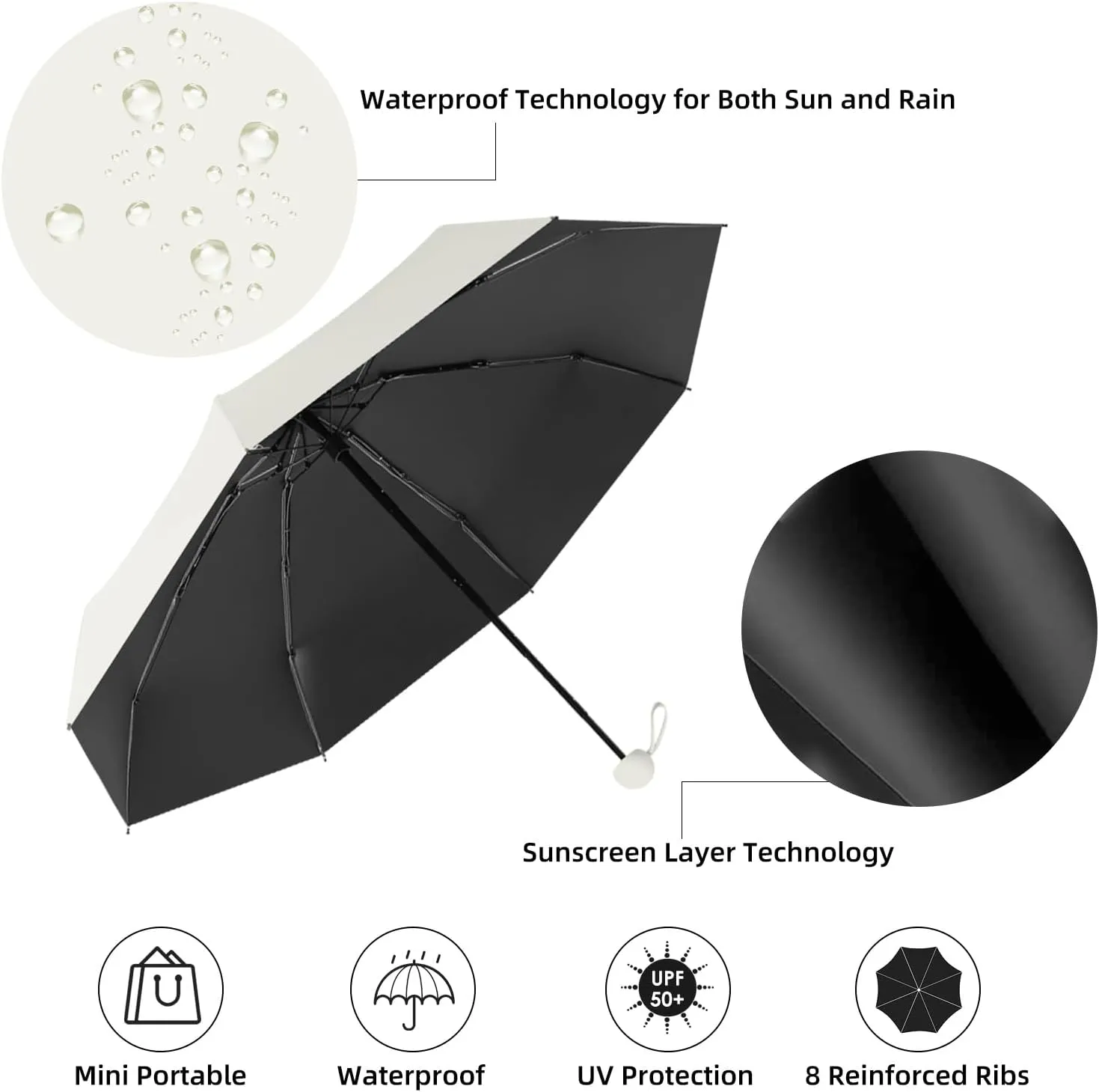 Travel Mini Folding Compact Umbrella with Case, 8 Ribs Lightweight Portable, Small Sun & Rain Pocket Umbrella for Girls and Women