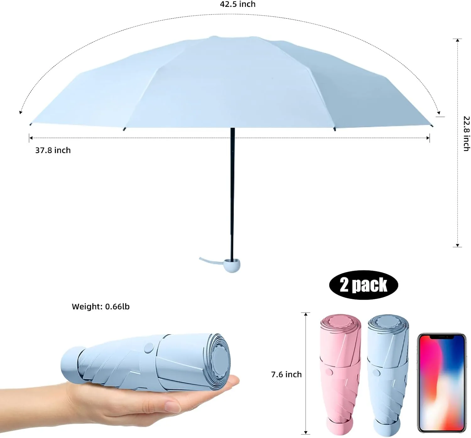Travel Mini Folding Compact Umbrella with Case, 8 Ribs Lightweight Portable, Small Sun & Rain Pocket Umbrella for Girls and Women