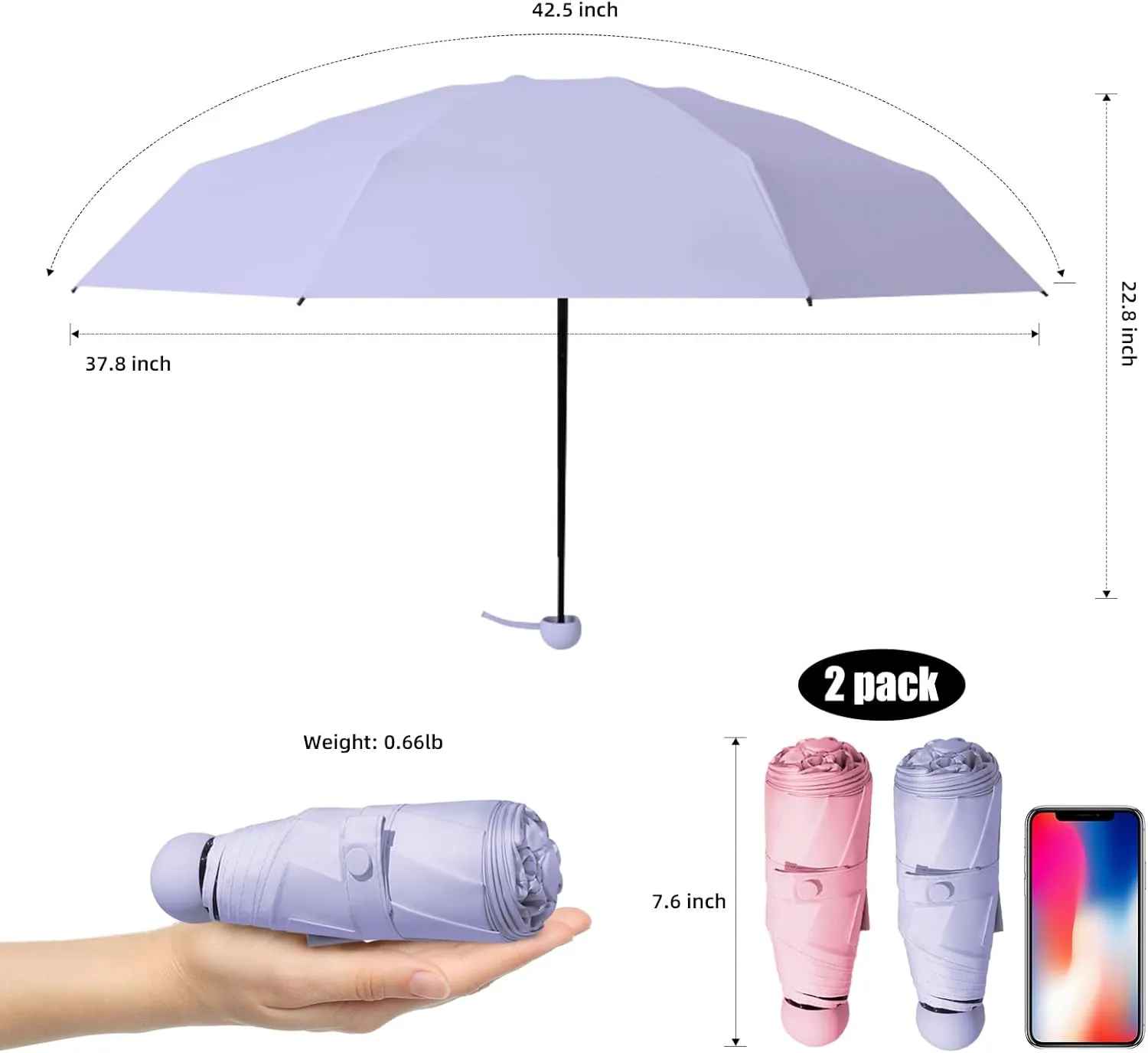 Travel Mini Folding Compact Umbrella with Case, 8 Ribs Lightweight Portable, Small Sun & Rain Pocket Umbrella for Girls and Women