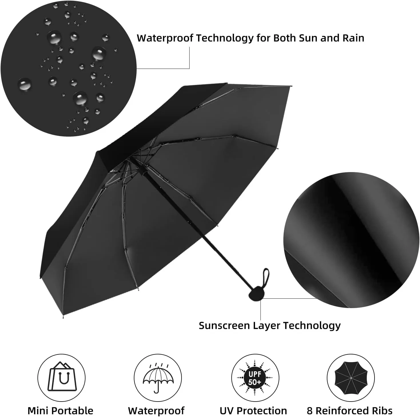 Travel Mini Folding Compact Umbrella with Case, 8 Ribs Lightweight Portable, Small Sun & Rain Pocket Umbrella for Girls and Women