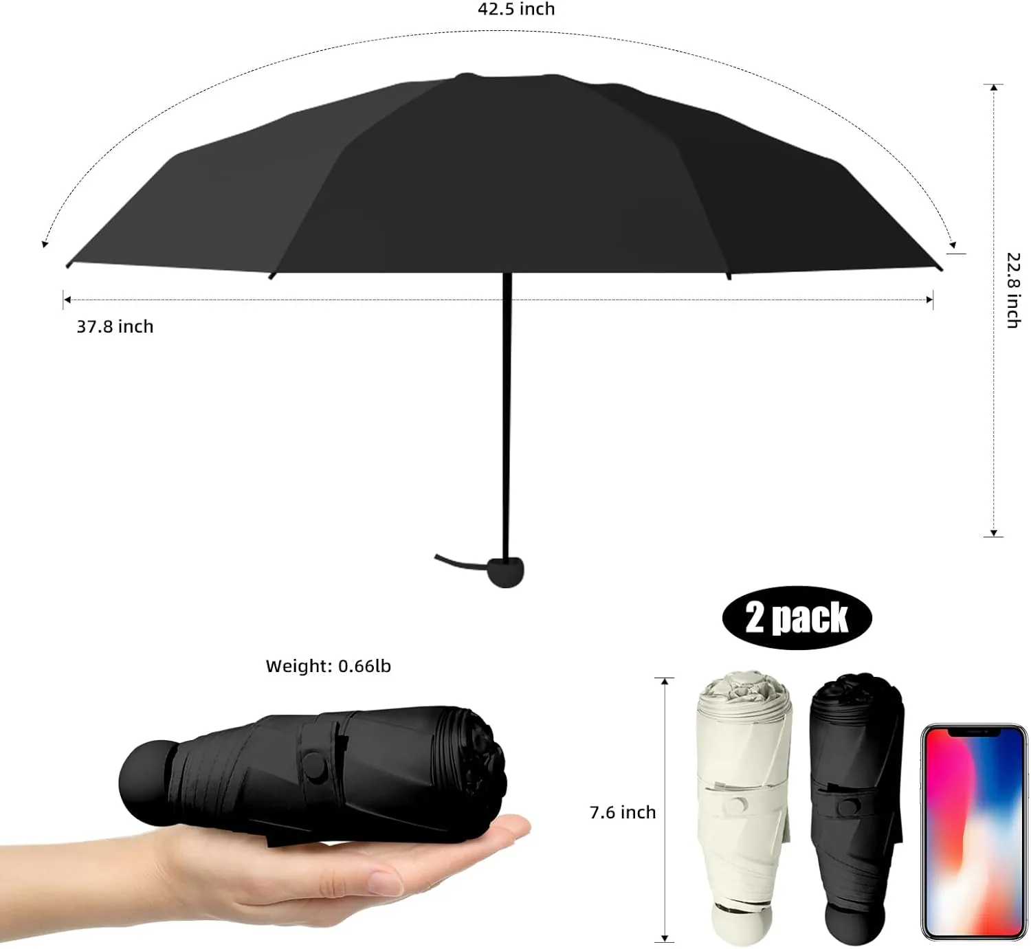 Travel Mini Folding Compact Umbrella with Case, 8 Ribs Lightweight Portable, Small Sun & Rain Pocket Umbrella for Girls and Women