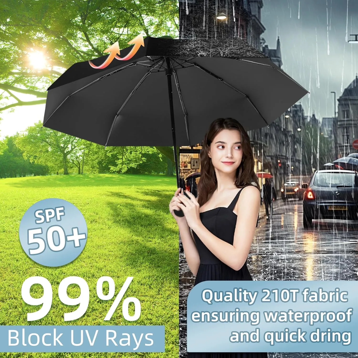 Travel Mini Folding Compact Umbrella with Case, 8 Ribs Lightweight Portable, Small Sun & Rain Pocket Umbrella for Girls and Women