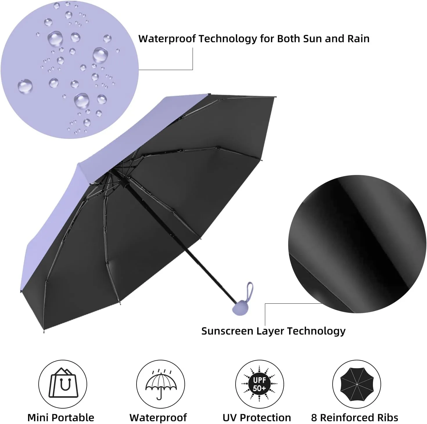 Travel Mini Folding Compact Umbrella with Case, 8 Ribs Lightweight Portable, Small Sun & Rain Pocket Umbrella for Girls and Women