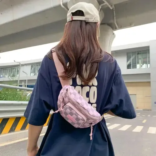 Trendy Blue Checkered Adjustable Strap Nylon Crossbody Fanny Pack