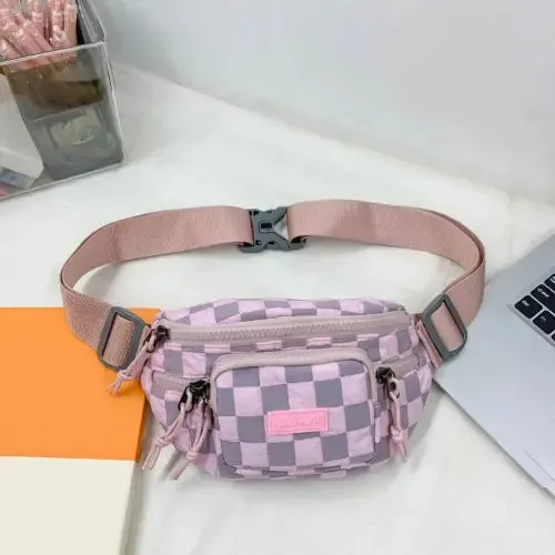 Trendy Blue Checkered Adjustable Strap Nylon Crossbody Fanny Pack