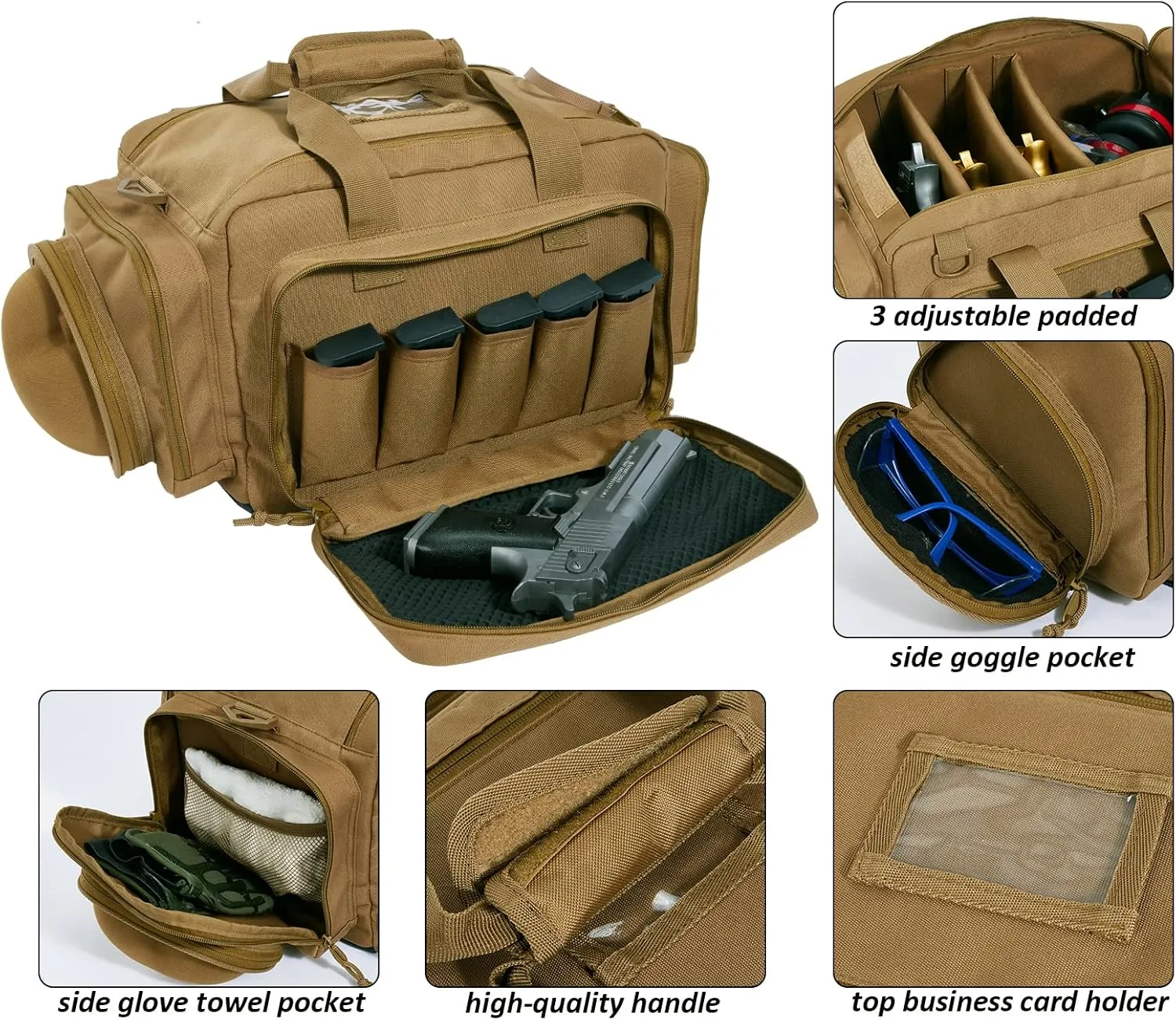 TRO&HOM Tactical Gun Bag for 4 Handguns - Pistol Shooting Range Bag With 15X Magazine Slots & Pockets for Ammo & Essentials - Padded Hunting & Sport Bag