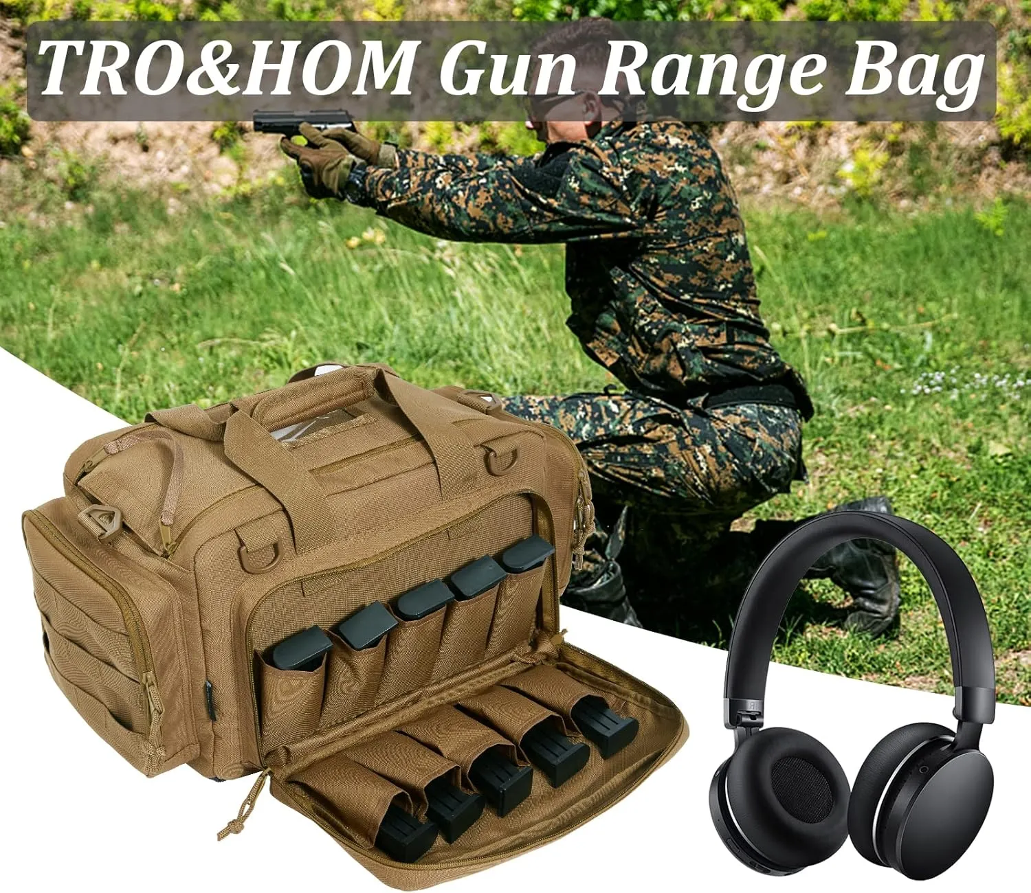 TRO&HOM Tactical Gun Bag for 4 Handguns - Pistol Shooting Range Bag With 15X Magazine Slots & Pockets for Ammo & Essentials - Padded Hunting & Sport Bag