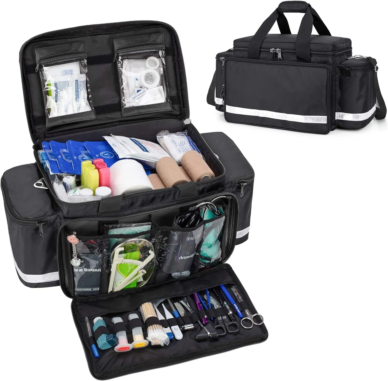 Trunab First Aid Bag Empty Medical Duffel Bag First Responder Trauma Bag Storage Bag with Inner Dividers and No-scratch Bottom, Ideal for EMT, EMS, Paramedics, Bag Only, Black