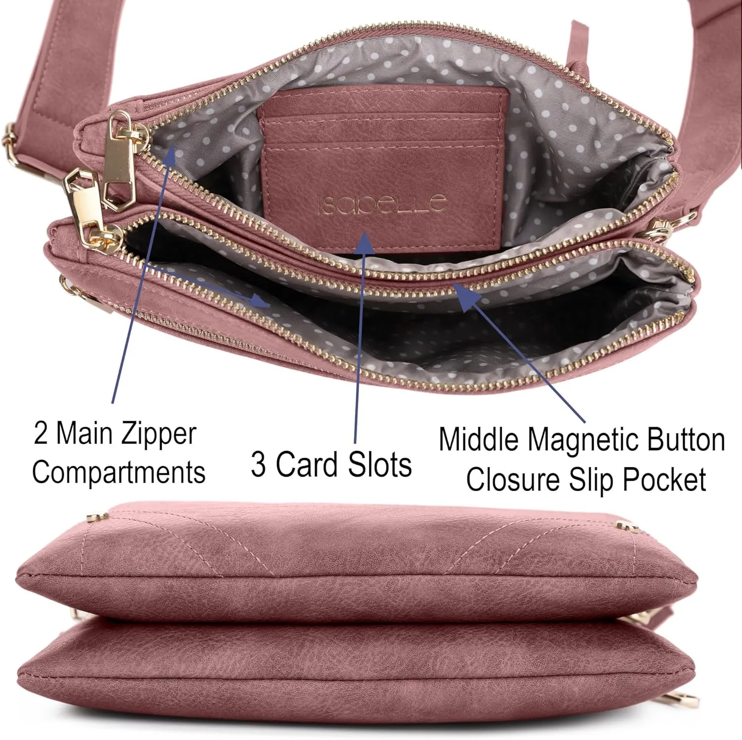 Two-Tone Multi-Compartment Crossbody Bag with Adjustable Detachable Strap, Gold Hardware, and Stitched Detailing
