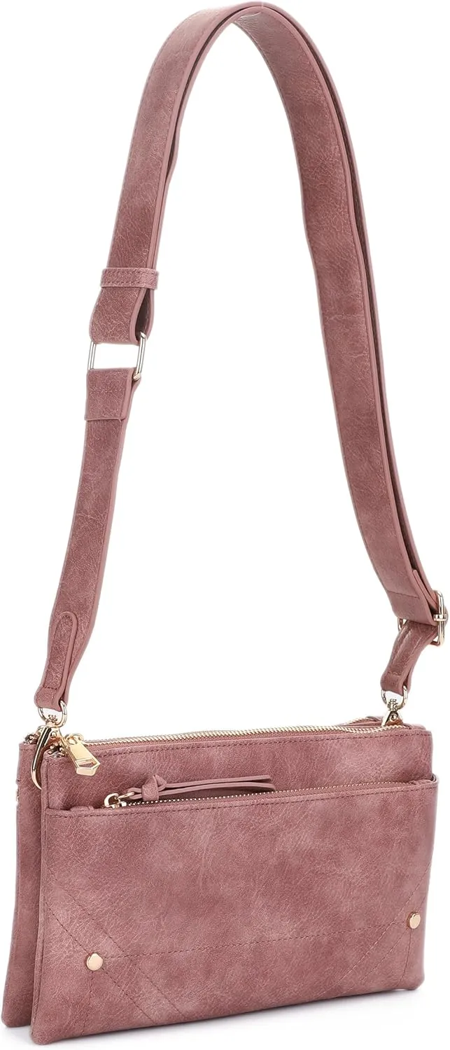 Two-Tone Multi-Compartment Crossbody Bag with Adjustable Detachable Strap, Gold Hardware, and Stitched Detailing