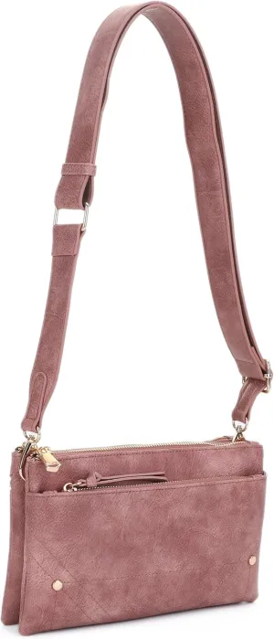 Two-Tone Multi-Compartment Crossbody Bag with Adjustable Detachable Strap, Gold Hardware, and Stitched Detailing