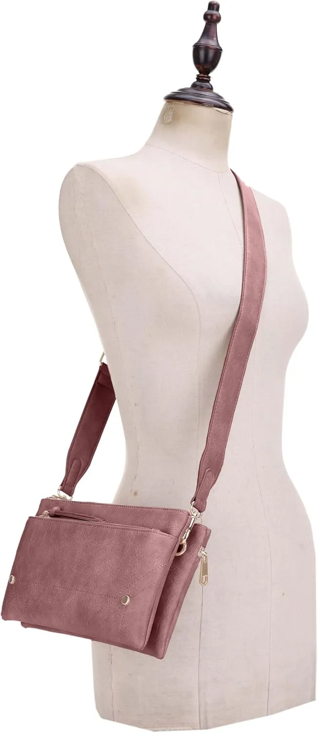 Two-Tone Multi-Compartment Crossbody Bag with Adjustable Detachable Strap, Gold Hardware, and Stitched Detailing