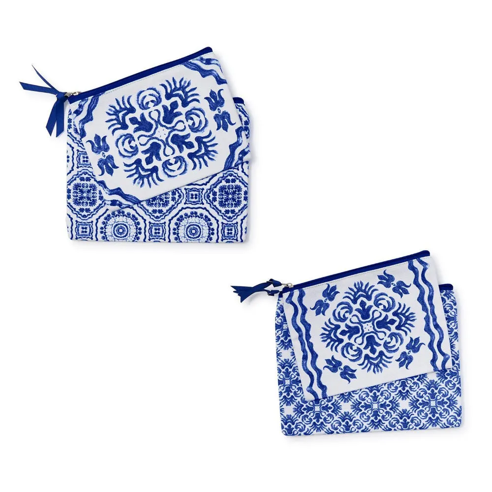 Two's Company Blue Tile Block Print Pouches - Set of 2