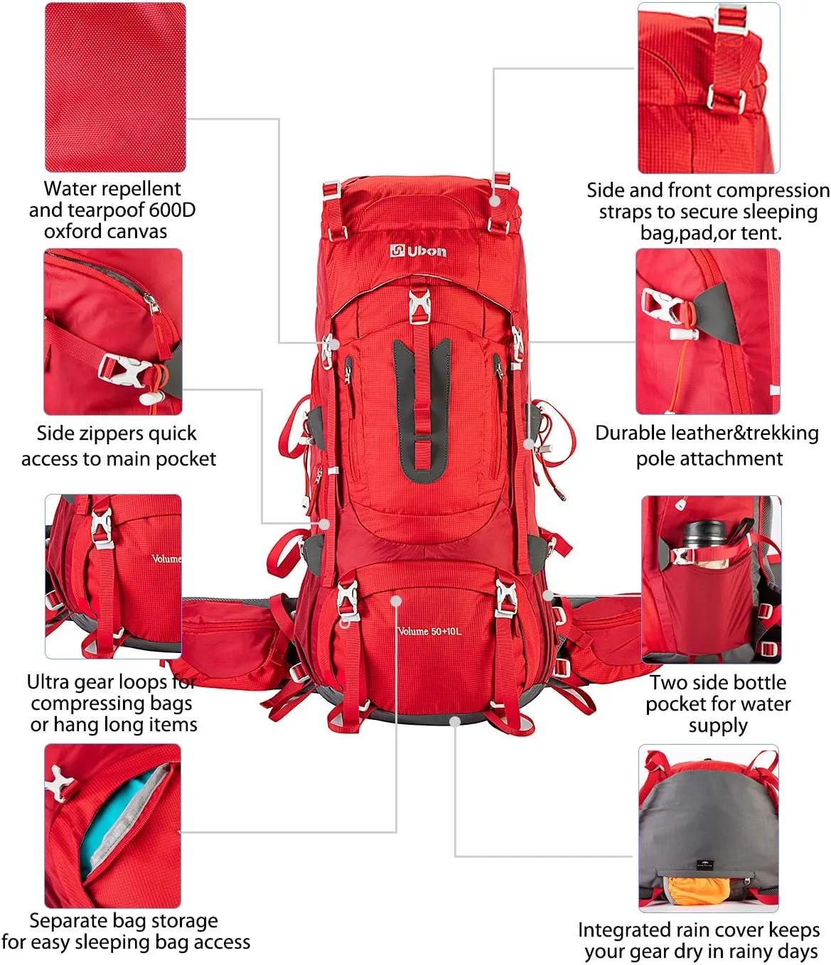 Ubon 60L Internal Frame Hiking Backpack Waterproof Camping Backpack with Rain Cover