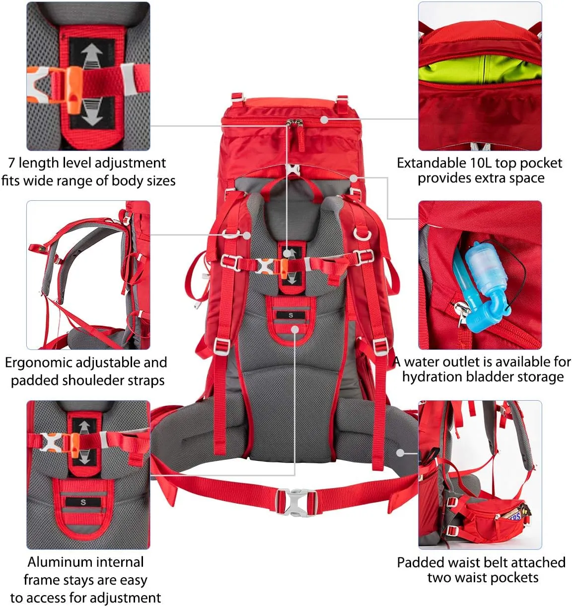 Ubon 60L Internal Frame Hiking Backpack Waterproof Camping Backpack with Rain Cover