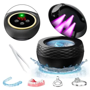 Ultrasonic Retainer Cleaner Machine - 45kHz Sonic Dental Cleaning Pod for Denture Mouth Guard, 200ML 4 Timer Modes Portable Ultrasonic Denture Cleaner for Dental Appliances, Aligner, Jewelry (Black)