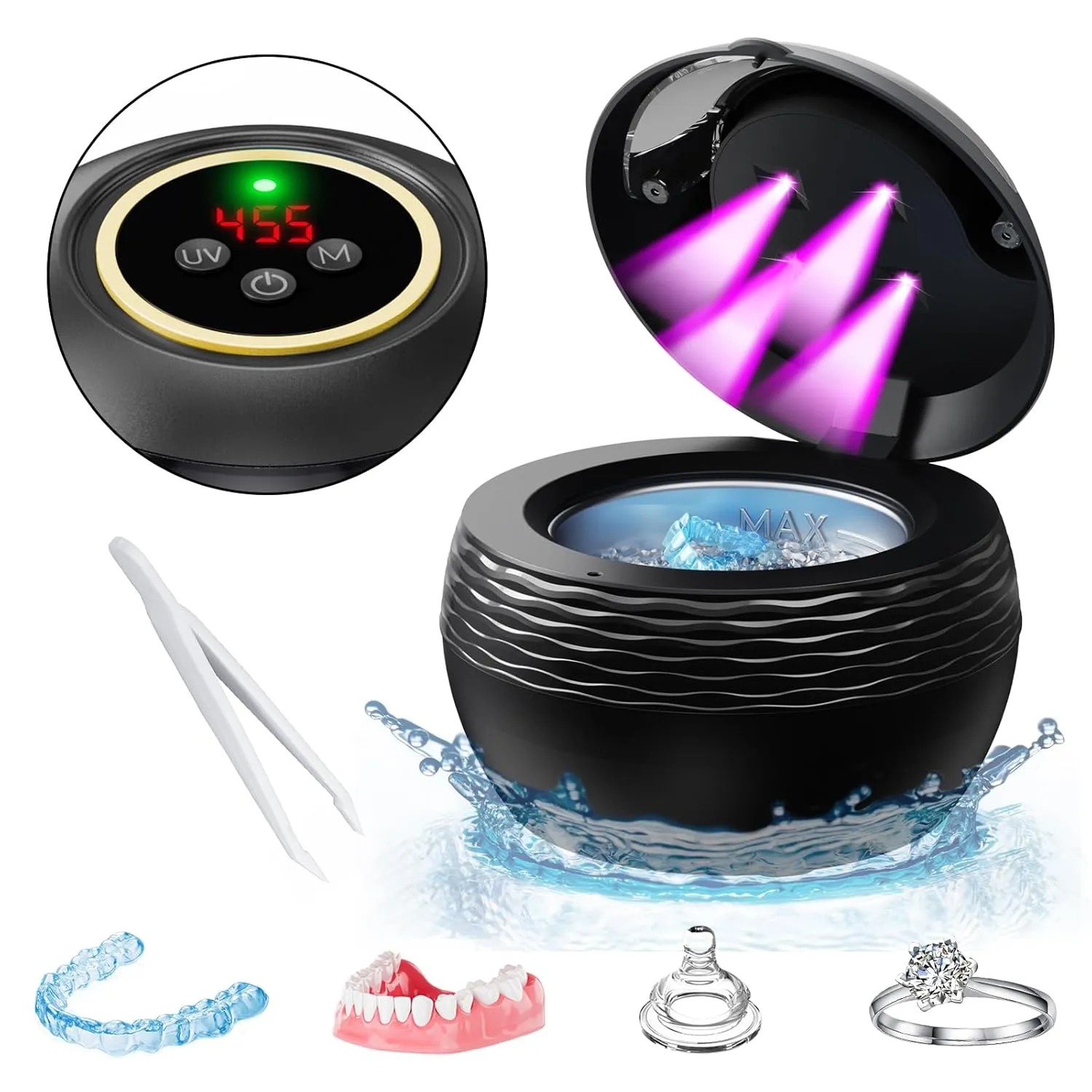 Ultrasonic Retainer Cleaner Machine - 45kHz Sonic Dental Cleaning Pod for Denture Mouth Guard, 200ML 4 Timer Modes Portable Ultrasonic Denture Cleaner for Dental Appliances, Aligner, Jewelry (Black)