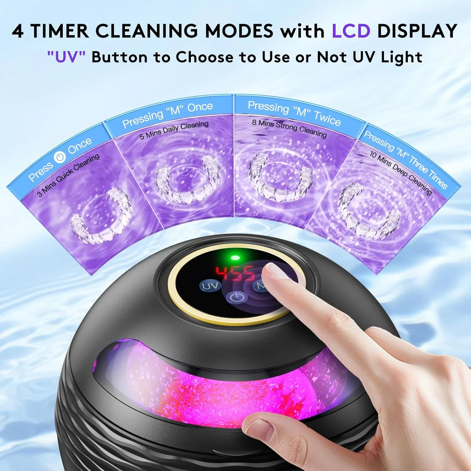 Ultrasonic Retainer Cleaner Machine - 45kHz Sonic Dental Cleaning Pod for Denture Mouth Guard, 200ML 4 Timer Modes Portable Ultrasonic Denture Cleaner for Dental Appliances, Aligner, Jewelry (Black)