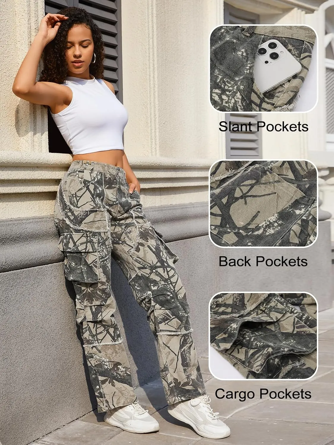 Unisex Camo Cargo Pants, Multi Pockets Raw Edge Oversized Straight Zipper Wide Legs Streetwear for Hip Hop Men Women