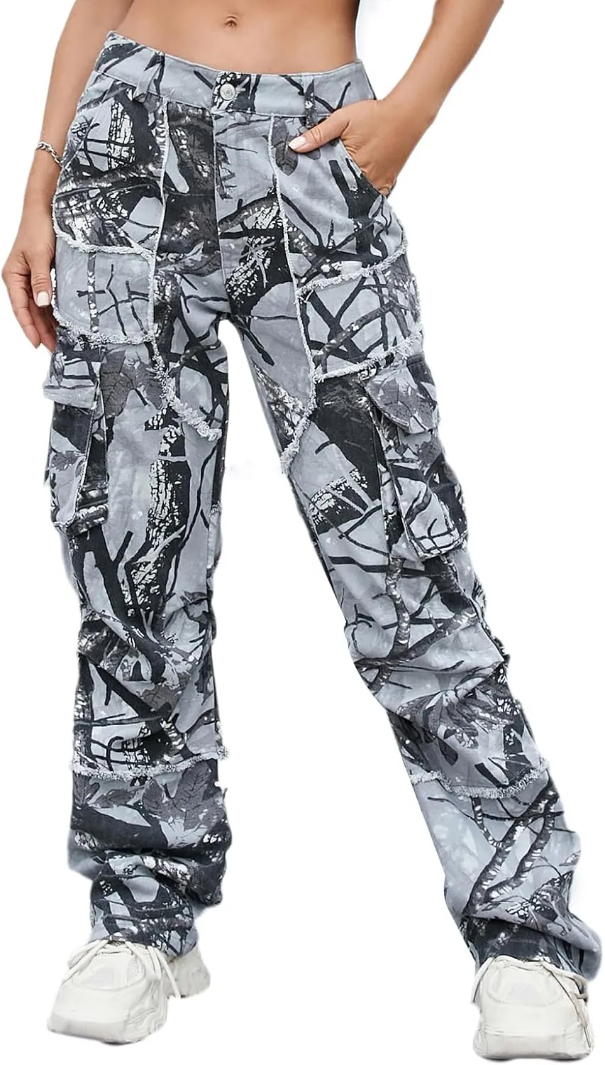 Unisex Camo Cargo Pants, Multi Pockets Raw Edge Oversized Straight Zipper Wide Legs Streetwear for Hip Hop Men Women
